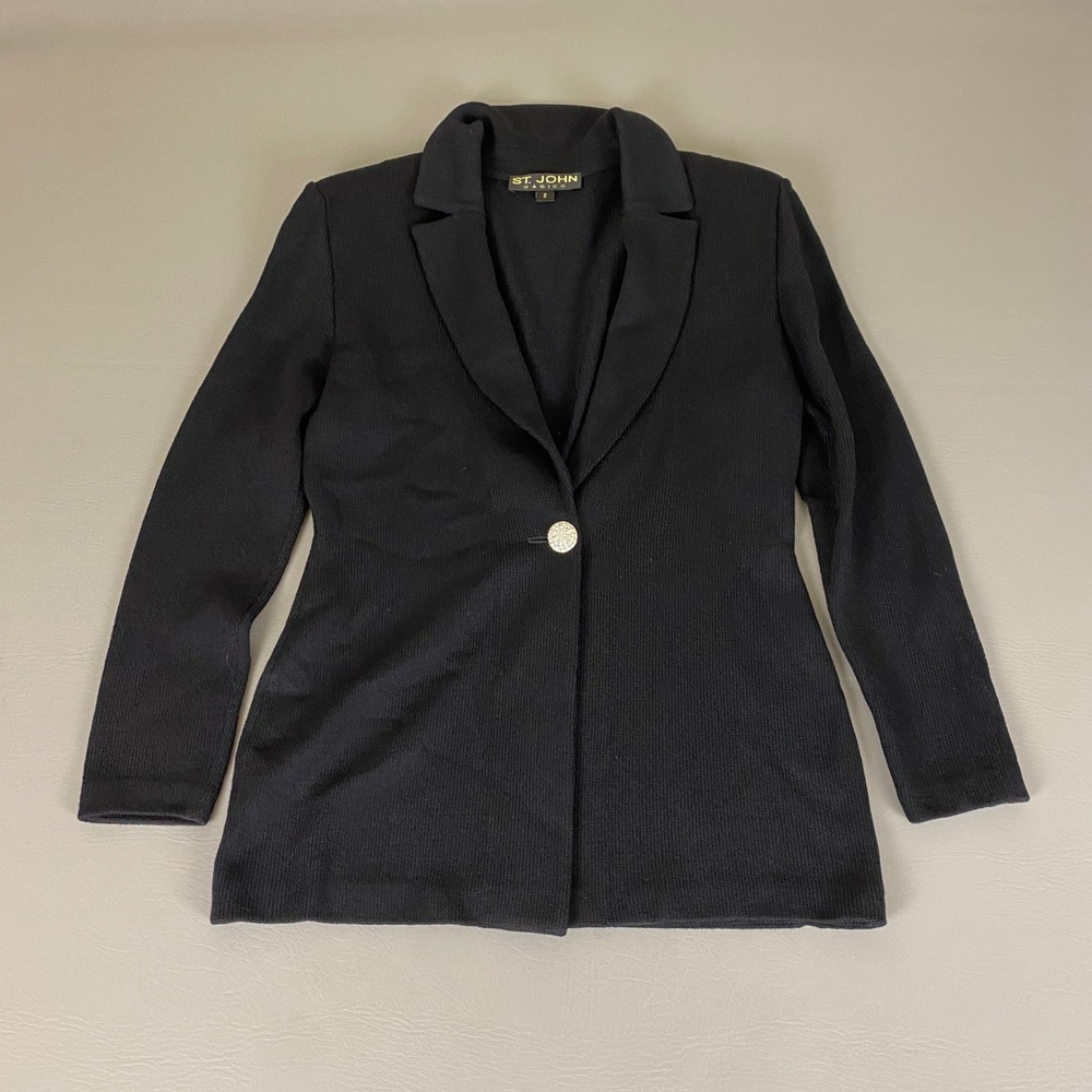 St John Basics‎ Black Knit Blazer Jacket Women's Size 2 Single Button *Wear*